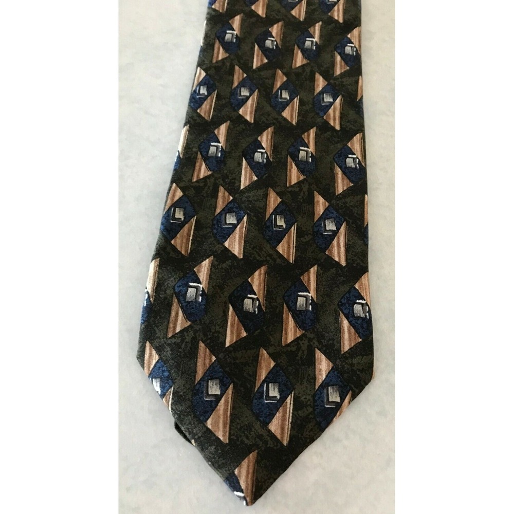 Men's Tie Necktie Town Craft Brown Green Black Colors Triangle Square Pattern